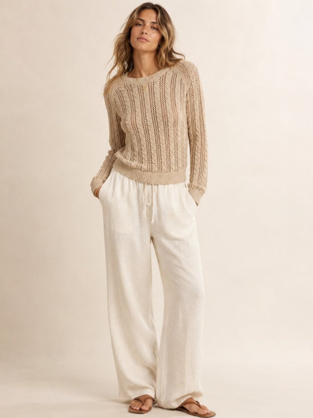 Zara Beige Open-Knit Crewneck Sweater